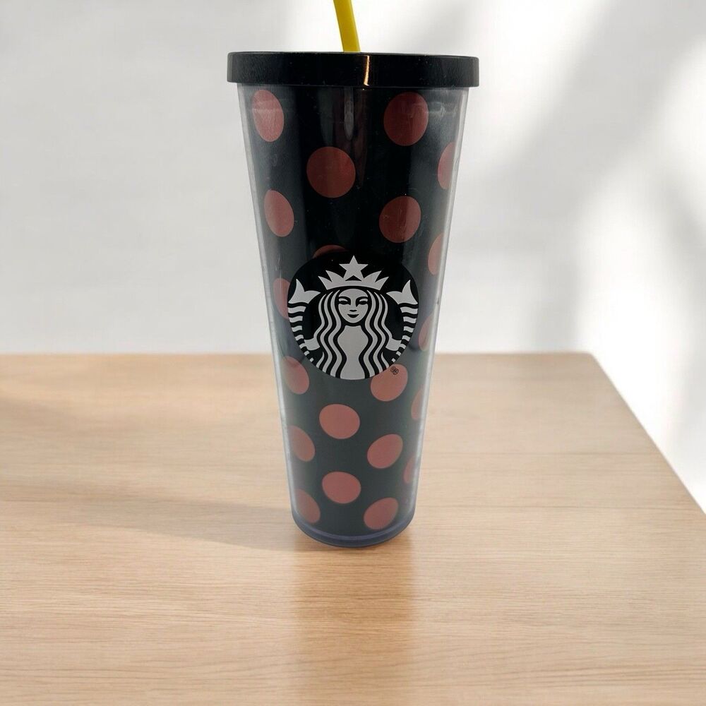 Starbucks 2017 Black Rose Gold Polka Dot Venti 24oz Cold Cup Tumbler